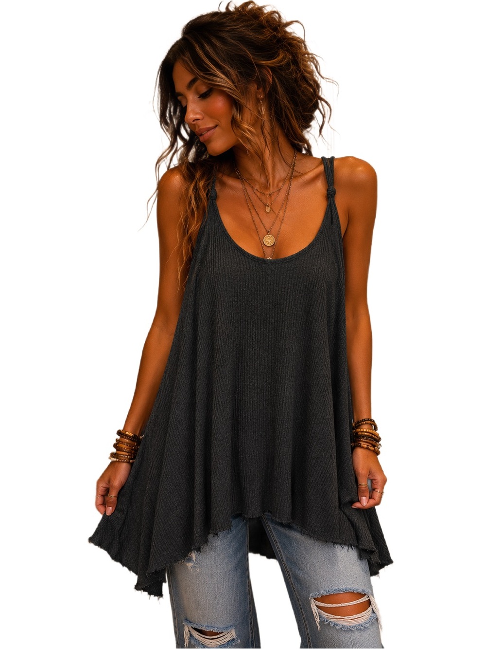 Elan Ribbed Knit Long Tank Top | Medium | Oversized Tunic , Knot tie straps ✨